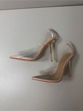 Clear PVC Stiletto Pumps with Blush Pink Trim and Gold Heel